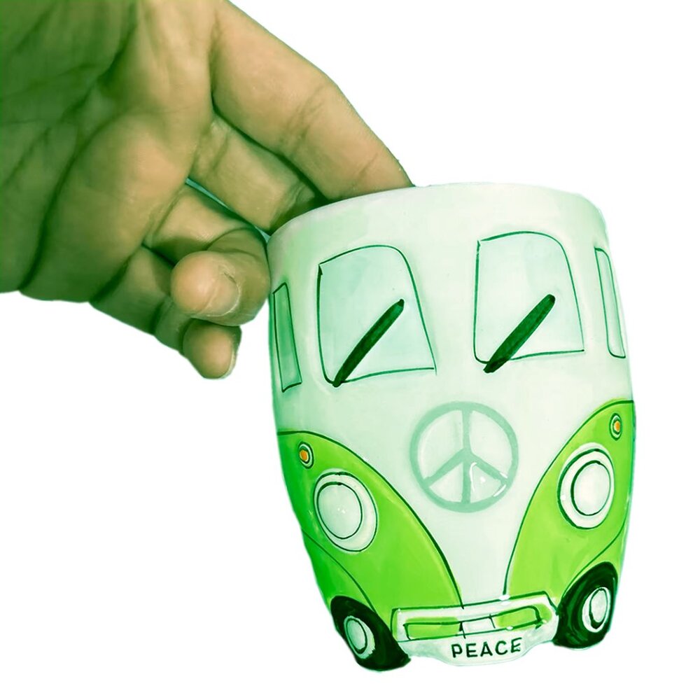 NEW 16 oz Green Retro Hand Painted Hippie Camper Peace Van Ceramic Porcelain Mug - Picture 6 of 10